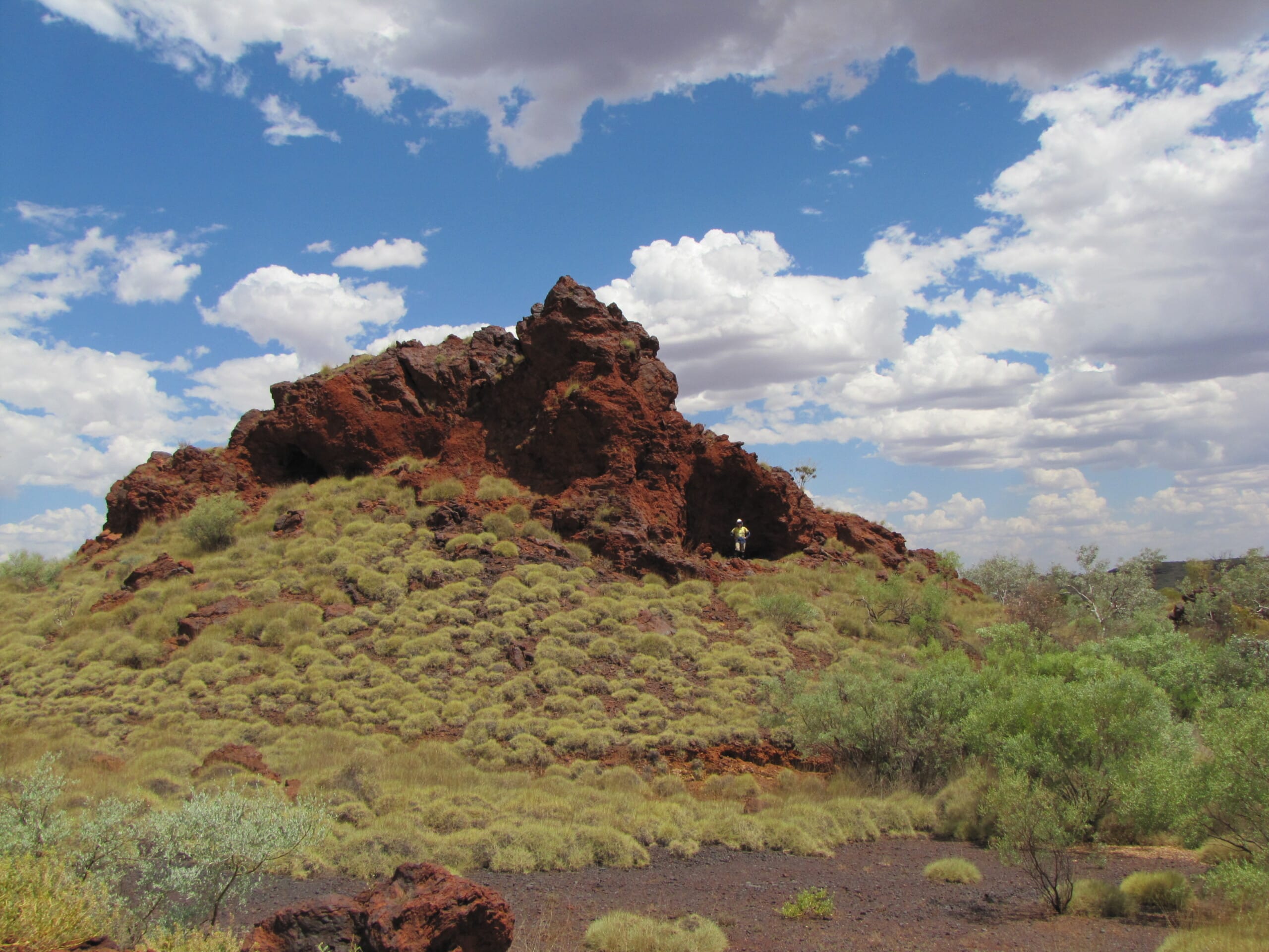 red rock formation with shrubs
